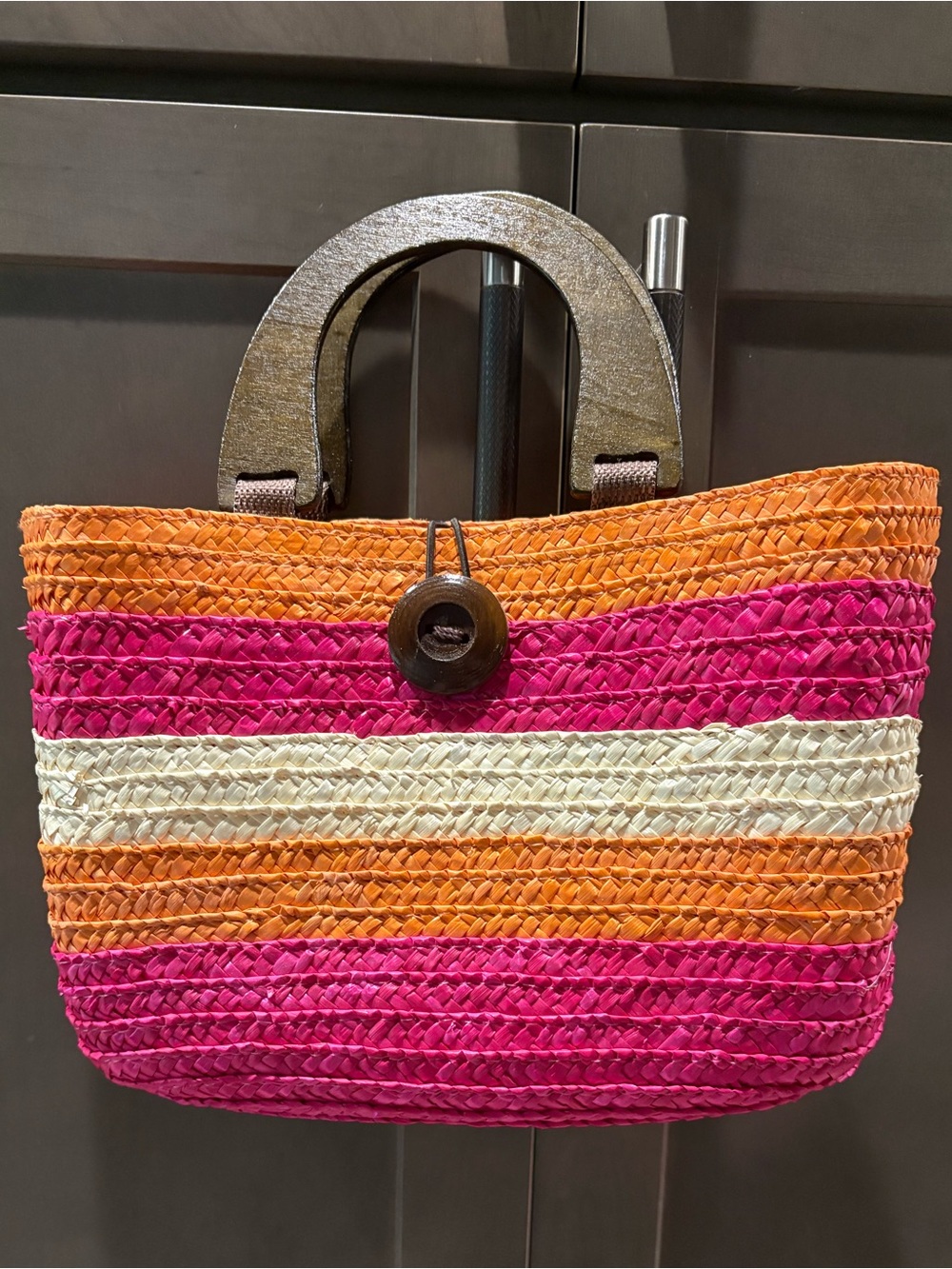 Caribbean Joe Wheat Straw Striped Handheld Tote Bag